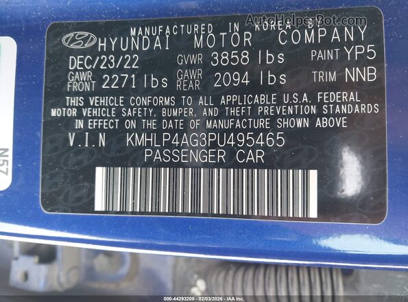 KMHLP4AG3PU495465 2023 HYUNDAI ELANTRA Синий Вид подкапотного пространства