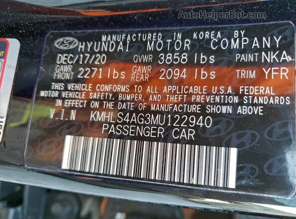 KMHLS4AG3MU122940 2021 HYUNDAI ELANTRA Black Widok naklejki z numerem VIN