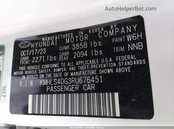 KMHLS4DG3RU676451 2024 HYUNDAI ELANTRA Белый Вид подкапотного пространства