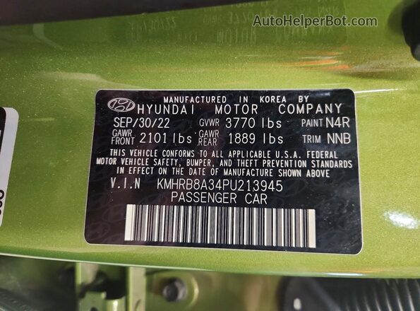 KMHRB8A34PU213945 2023 HYUNDAI VENUE Green VIN կոդի պիտակի տեսք