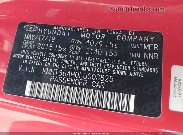 KMHT36AH0LU003825 2020 HYUNDAI VELOSTER N Red Вид підкапотного простору