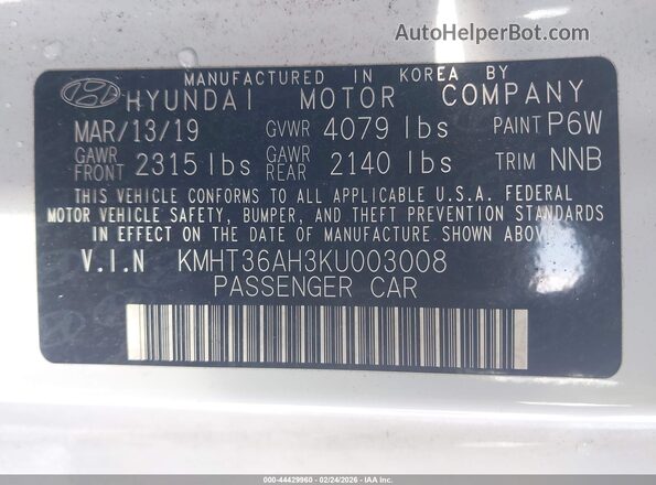 KMHT36AH3KU003008 2019 HYUNDAI VELOSTER Белый Вид подкапотного пространства
