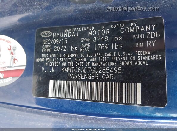 KMHTC6AD7GU285495 2016 HYUNDAI VELOSTER Blue Widok komory silnika