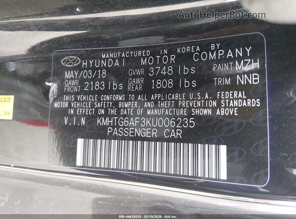 KMHTG6AF3KU006235 2019 HYUNDAI VELOSTER Black Շարժիչի բաժամունքի տեսք
