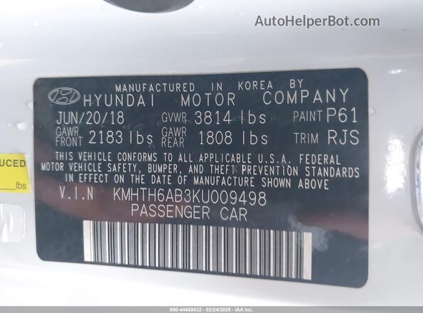 KMHTH6AB3KU009498 2019 HYUNDAI VELOSTER Белый Вид подкапотного пространства