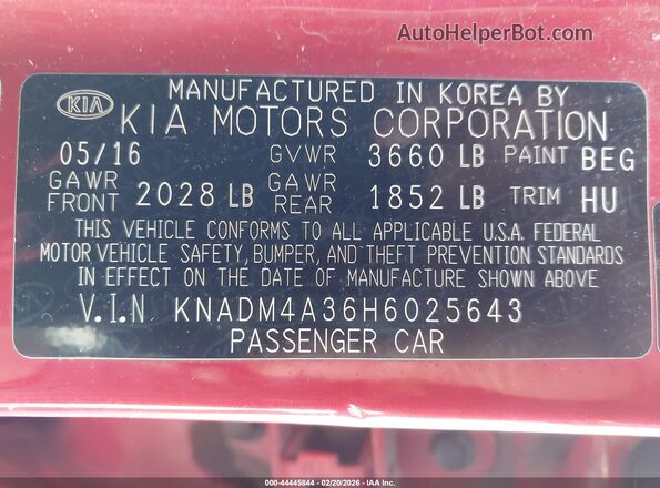 KNADM4A36H6025643 2017 KIA RIO Красный Вид подкапотного пространства