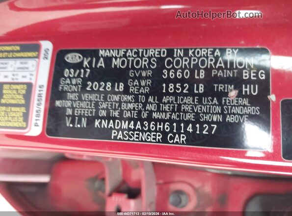 KNADM4A36H6114127 2017 KIA RIO Красный Вид подкапотного пространства