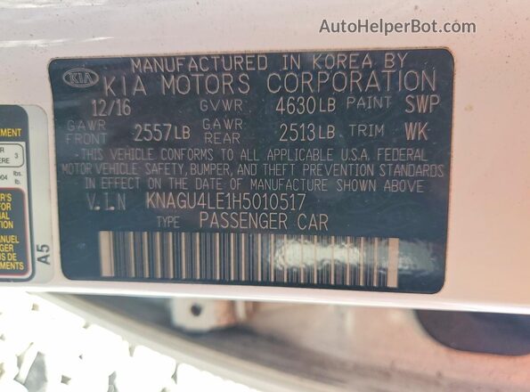 KNAGU4LE1H5010517 2017 KIA OPTIMA Белый Вид наклейки с VIN-кодом