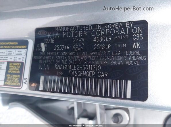 KNAGU4LE2H5011210 2017 KIA OPTIMA HYBRID Серебряный Вид подкапотного пространства
