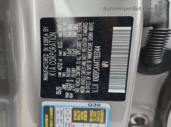 KNDEPCAA4T7833144 2026 KIA SELTOS Gray Widok naklejki z numerem VIN