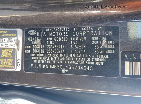 KNDMB5C14G6204045 2016 KIA SEDONA Gray VIN კოდის სტიკერის ხედი