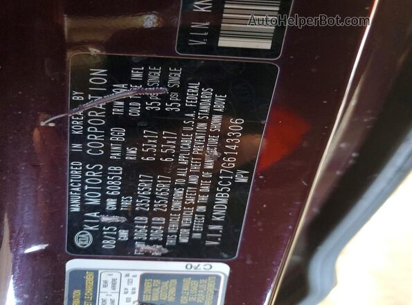 KNDMB5C17G6143306 2016 KIA SEDONA Бордовый Вид наклейки с VIN-кодом