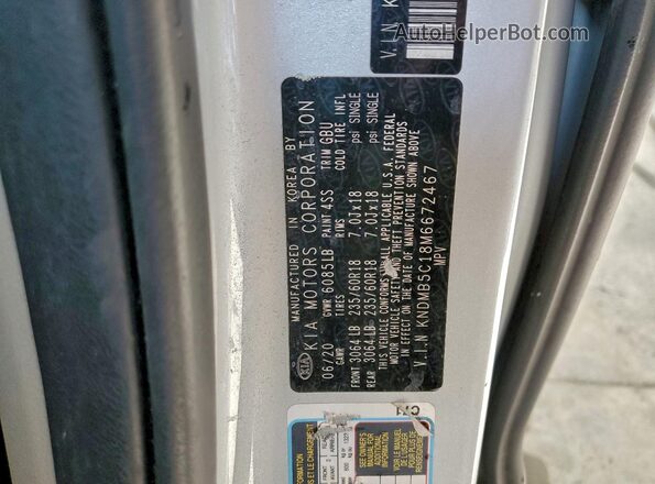 KNDMB5C18M6672467 2021 KIA SEDONA Silver VIN sticker view