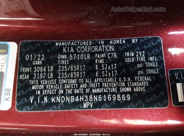 KNDNB4H38N6169869 2022 KIA CARNIVAL MPV Красный Вид подкапотного пространства