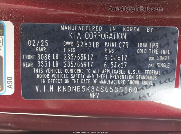 KNDNB5K34S6535160 2025 KIA CARNIVAL MPV Red Widok komory silnika