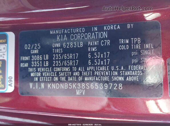 KNDNB5K38S6539728 2025 KIA CARNIVAL MPV Бордовый Вид подкапотного пространства