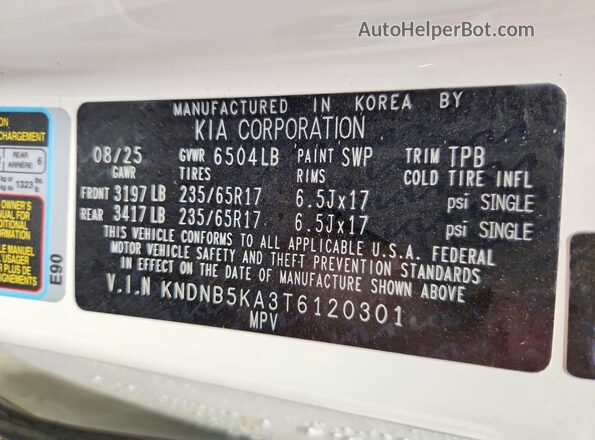 KNDNB5KA3T6120301 2026 KIA CARNIVAL Белый Вид наклейки с VIN-кодом