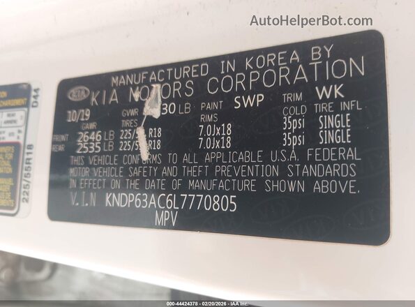 KNDP63AC6L7770805 2020 KIA SPORTAGE White Vista del compartimento del motor