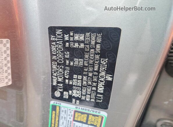 KNDP6CAC0M7911451 2021 KIA SPORTAGE Silver Widok naklejki z numerem VIN
