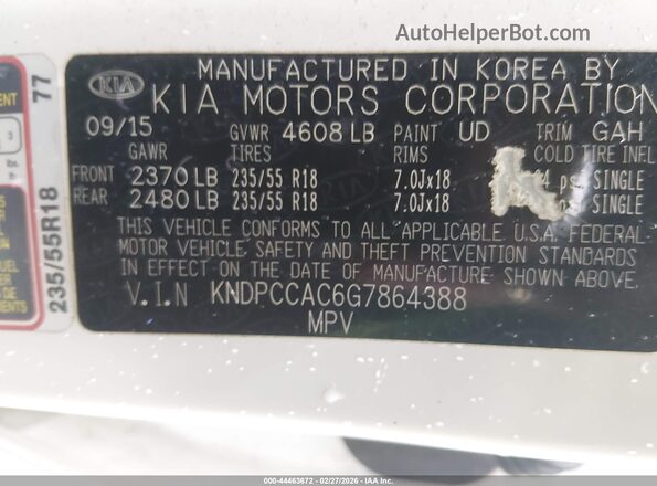 KNDPCCAC6G7864388 2016 KIA SPORTAGE White ძრავის განყოფილების ხედი