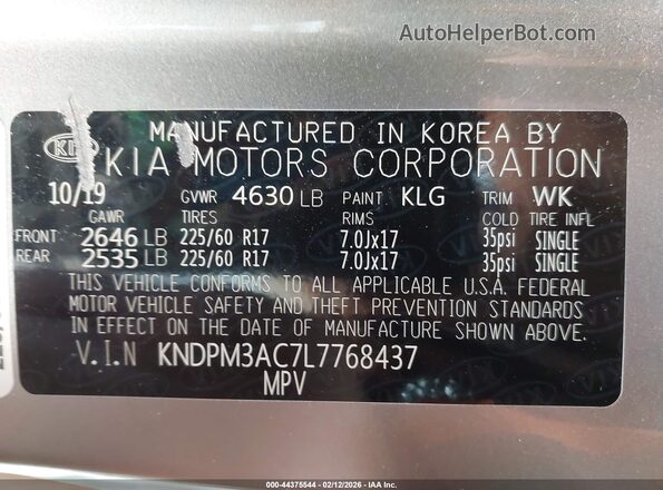 KNDPM3AC7L7768437 2020 KIA SPORTAGE Silver Vista del compartimento del motor