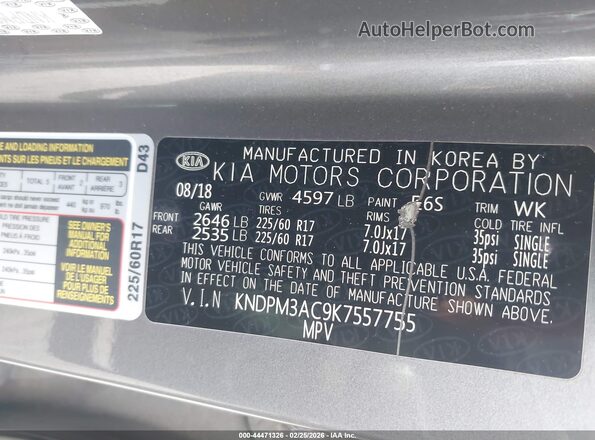 KNDPM3AC9K7557755 2019 KIA SPORTAGE Gray Widok komory silnika