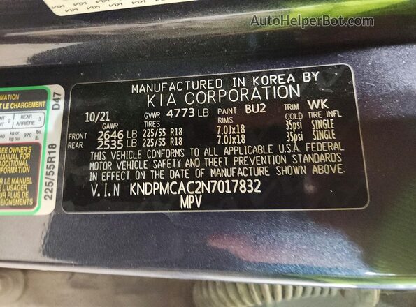 KNDPMCAC2N7017832 2022 KIA SPORTAGE Синий Вид наклейки с VIN-кодом