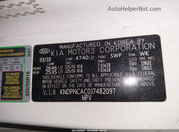 KNDPNCAC0J7482097 2018 KIA SPORTAGE Белый Вид подкапотного пространства