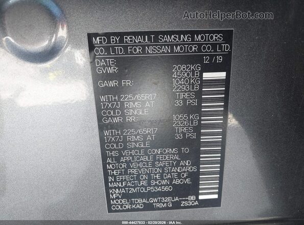 KNMAT2MT0LP534560 2020 NISSAN ROGUE Gray ძრავის განყოფილების ხედი