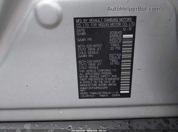 KNMAT2MT1GP632289 2016 NISSAN ROGUE Silver ძრავის განყოფილების ხედი