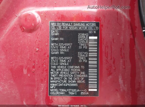KNMAT2MT4GP658885 2016 NISSAN ROGUE Red Widok komory silnika