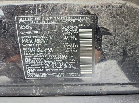 KNMAT2MT4KP558360 2019 NISSAN ROGUE Black VIN կոդի պիտակի տեսք