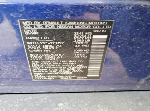 KNMAT2MV2KP552963 2019 NISSAN ROGUE Blue VIN კოდის სტიკერის ხედი