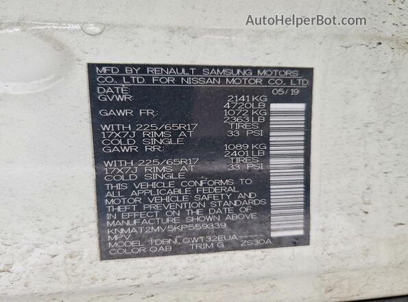 KNMAT2MV5KP559339 2019 NISSAN ROGUE White VIN կոդի պիտակի տեսք
