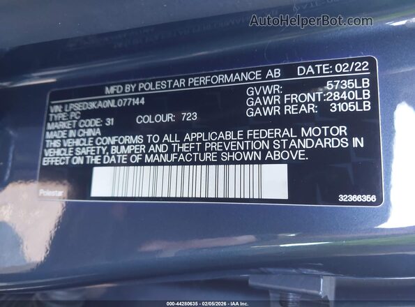 LPSED3KA0NL077144 2022 POLESTAR 2 Gray Vista del compartimento del motor