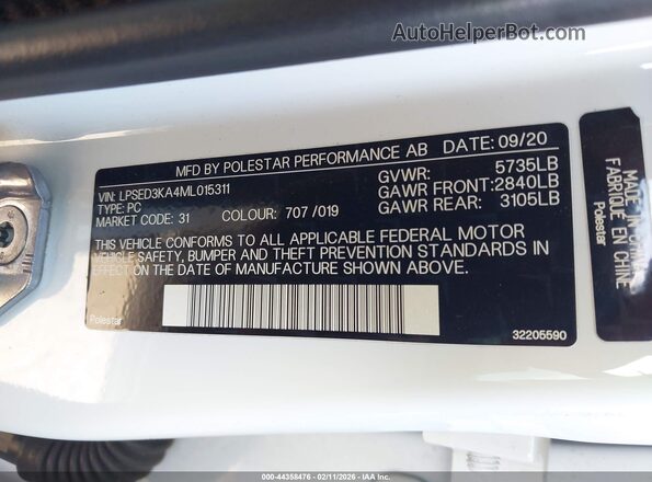 LPSED3KA4ML015311 2021 POLESTAR 2 White Vista del compartimento del motor