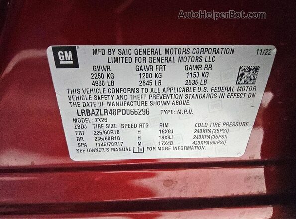 LRBAZLR48PD066296 2023 BUICK ENVISION Red VIN կոդի պիտակի տեսք