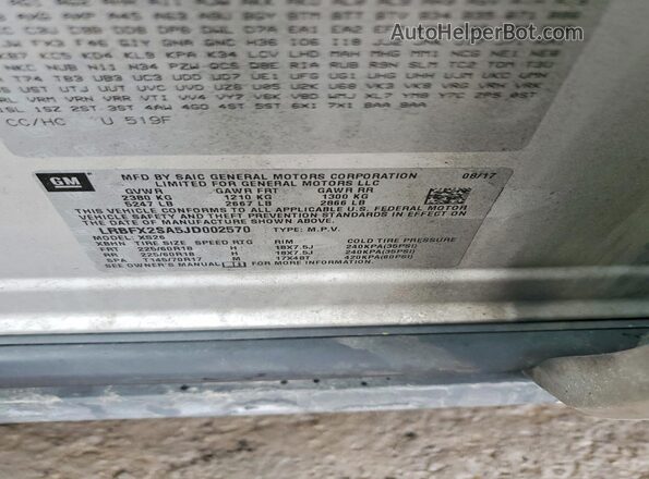 LRBFX2SA5JD002570 2018 BUICK ENVISION Silver Widok naklejki z numerem VIN