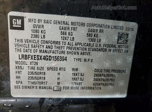 LRBFXESX4GD156394 2016 BUICK ENVISION Black Вид наклейки з VIN-кодом