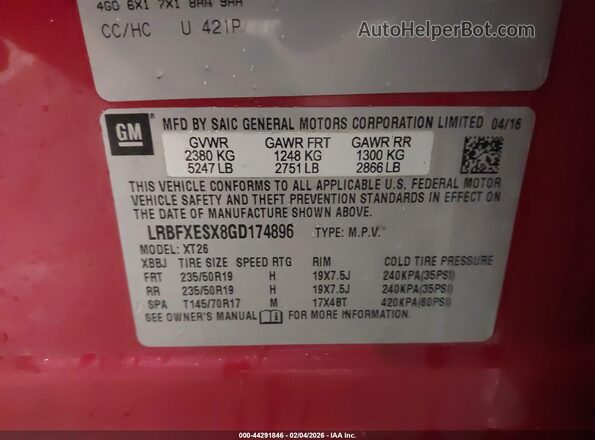 LRBFXESX8GD174896 2016 BUICK ENVISION Red ძრავის განყოფილების ხედი