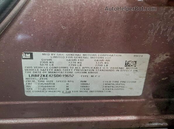 LRBFZKE42SD019652 2025 BUICK ENVISION Фиолетовый Вид наклейки с VIN-кодом