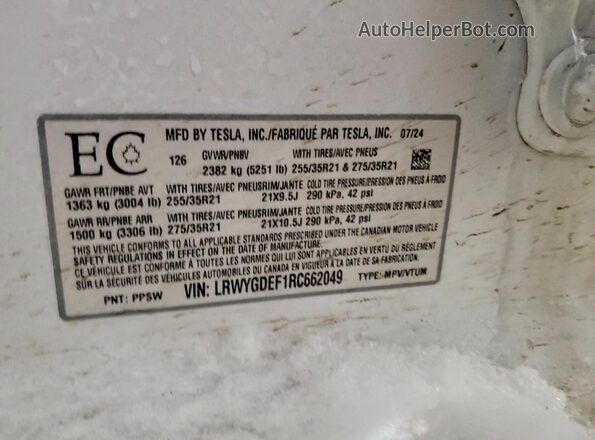 LRWYGDEF1RC662049 2024 TESLA MODEL White Widok naklejki z numerem VIN