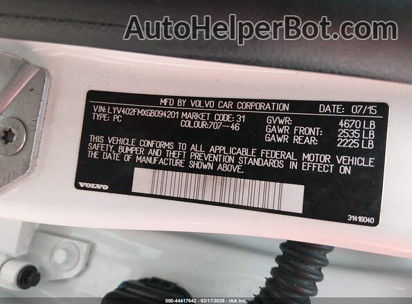 LYV402FMXGB094201 2016 VOLVO S60 INSCRIPTION White Widok komory silnika