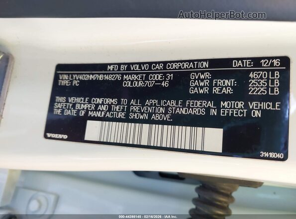 LYV402HM7HB148276 2017 VOLVO S60 INSCRIPTION Белый Вид подкапотного пространства