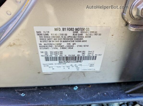 MAJ3S2GE1LC338987 2020 FORD ECOSPORT Серебряный Вид наклейки с VIN-кодом