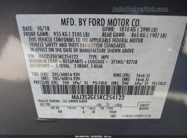 MAJ3S2GE5KC254122 2019 FORD ECOSPORT Серый Вид подкапотного пространства