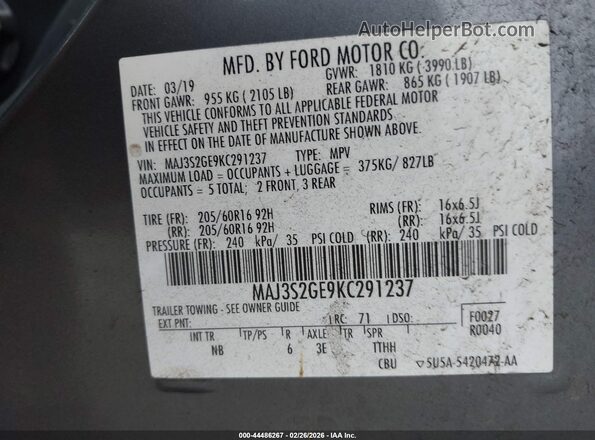 MAJ3S2GE9KC291237 2019 FORD ECOSPORT Gray Widok komory silnika