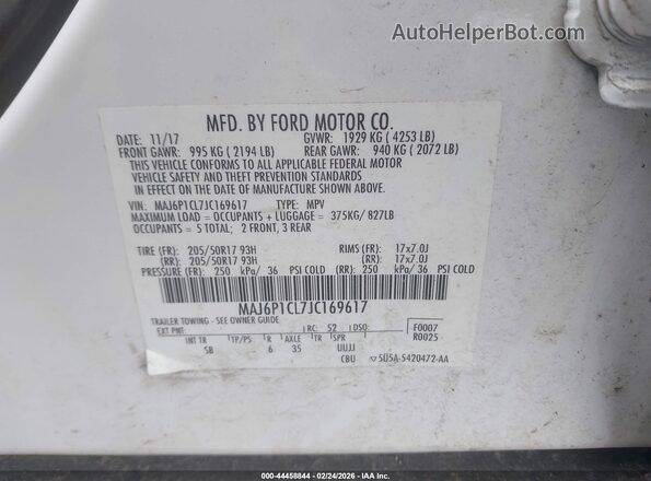 MAJ6P1CL7JC169617 2018 FORD ECOSPORT Белый Вид подкапотного пространства