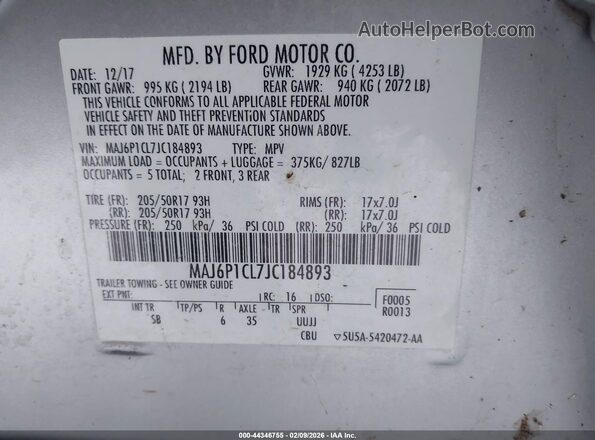 MAJ6P1CL7JC184893 2018 FORD ECOSPORT Серебряный Вид подкапотного пространства