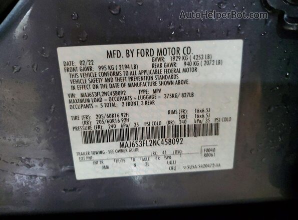 MAJ6S3FL2NC458092 2022 FORD ECOSPORT Серый Вид наклейки с VIN-кодом